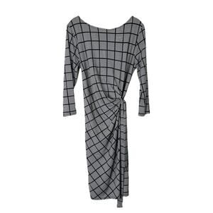 Ann Taylor black white plaid stripes stretch faux wrap preppy midi dress medium